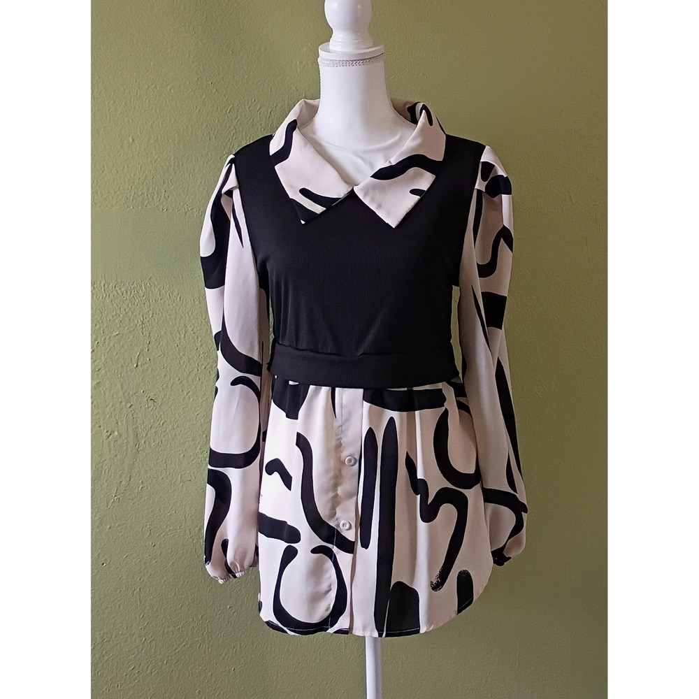 Dark Moody Office Siren Abstract Print Blouse Swiss Dot Collar Top Black White L - Picture 2 of 7